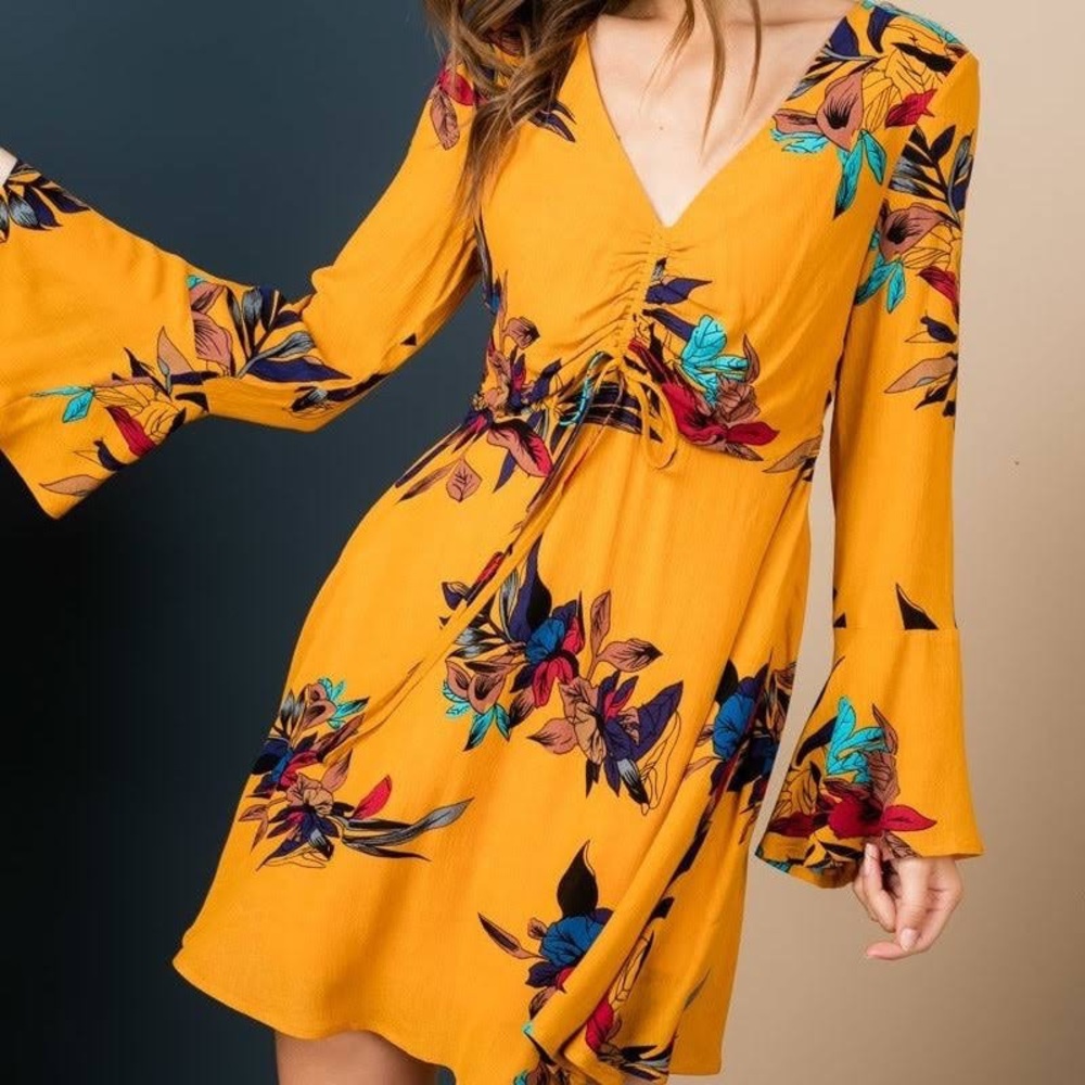 BLUE B MUSTARD FLORAL LONG SLEEVE DRESS NWT